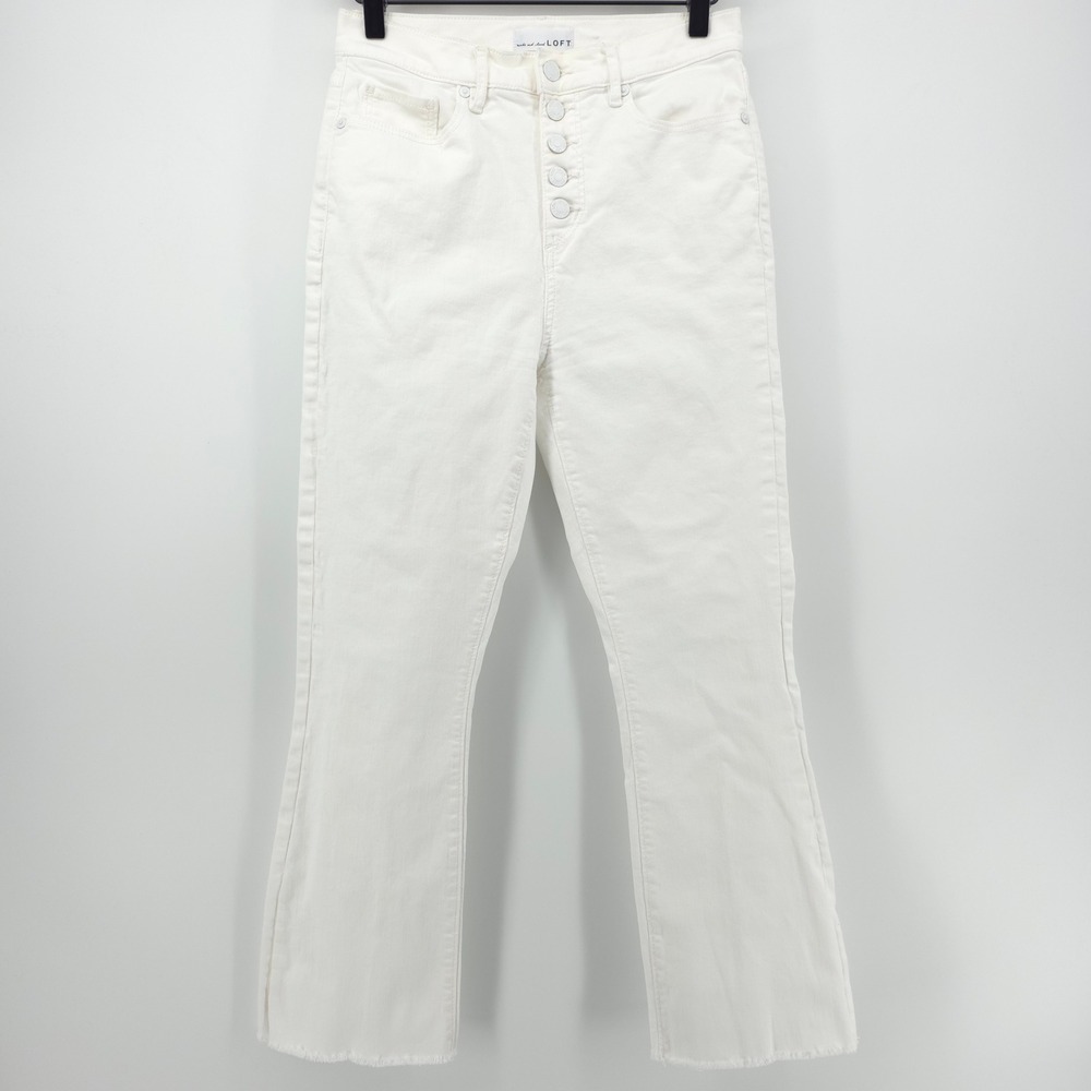 LOFT Womens Jeans The Kick Crop 2/26 White High Rise Button Fly Raw Hem